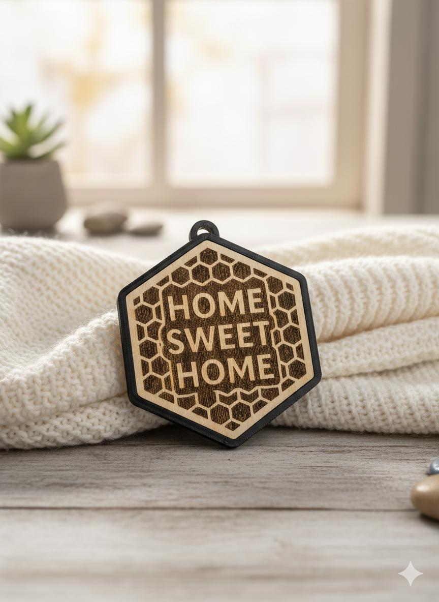 HOME SWEET HOME Anhänger – Lasergravur oder Waben-Cut – Holz & 3D-Rahmen – Bild 2