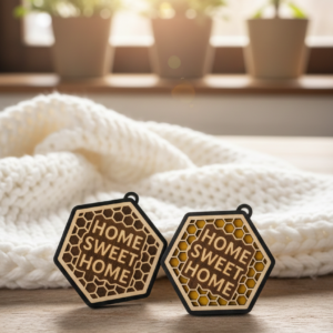 HOME SWEET HOME Anhänger – Lasergravur oder Waben-Cut – Holz & 3D-Rahmen