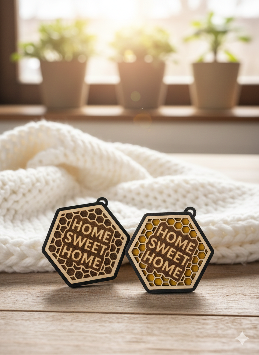 HOME SWEET HOME Anhänger – Lasergravur oder Waben-Cut – Holz & 3D-Rahmen