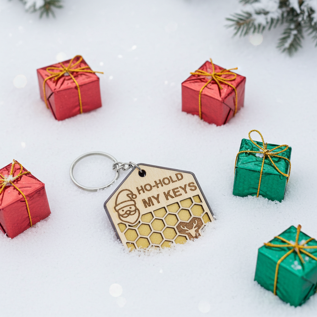 Weihnachts-Schlüsselanhänger „Ho-Hold My Keys” – Holz & 3D-Honigwabe